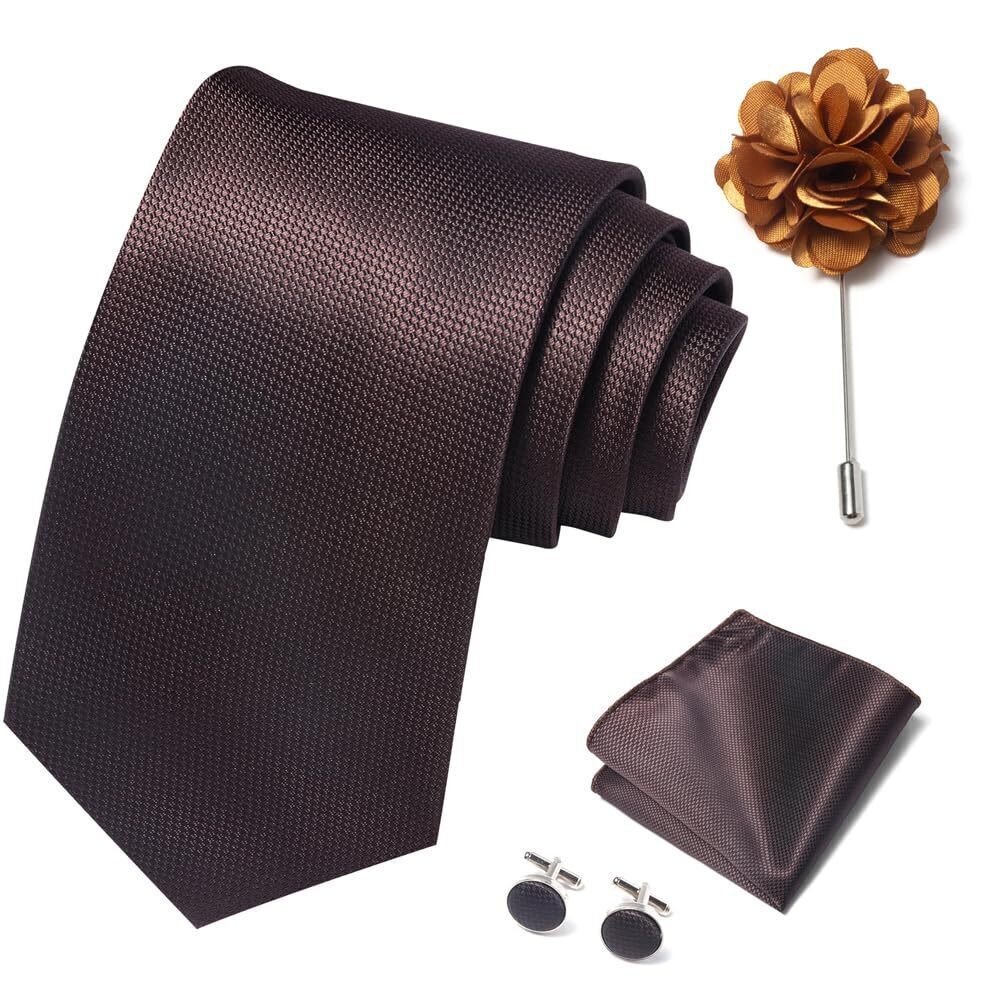 7942 Solid Color Ties Set Handkerchief Cufflinks Brooch 3.15 inches Classic